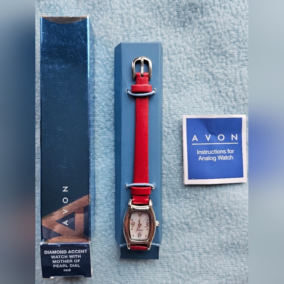 Avon Diamond Accent Watch, Mother of Pearl Dial, Red, Silver, NWT - Picture 11 of 14